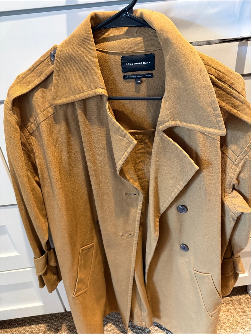 Something Navy Double-Breasted Camel Trench Coat